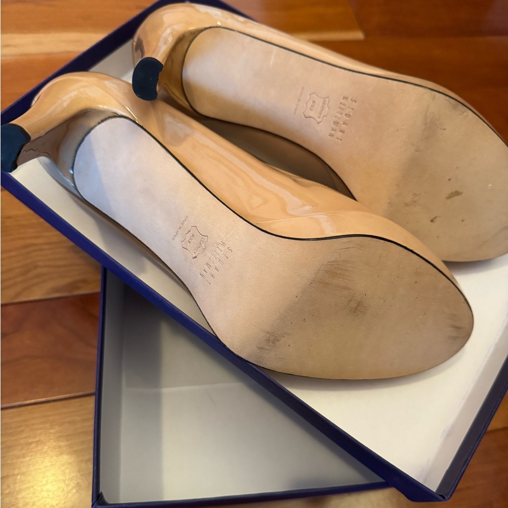Stuart Weitzman Adobe Aniline Tan Patent Plainfield Peep Toe Pump Heels Size 10 - Picture 5 of 5